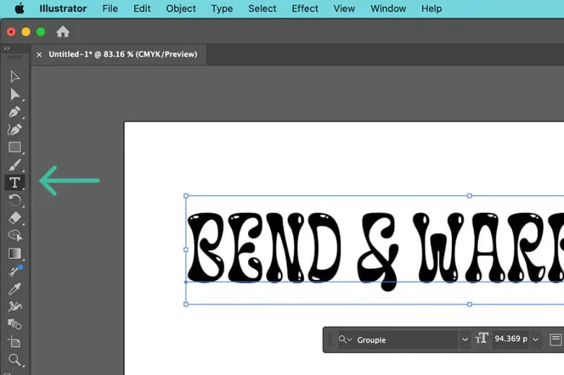 Screenshot of Adobe Illustrator showing the location of the Type Tool on the toolbar