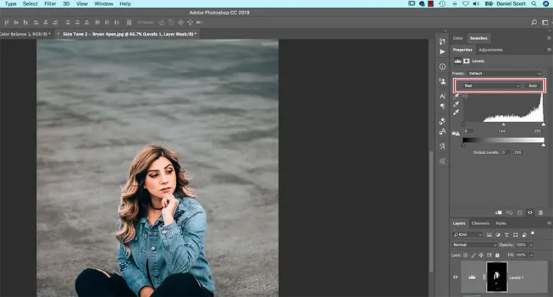 By choosing the ‘Red’ option we are only adjusting the dark, light and mid tones for the Red channel.