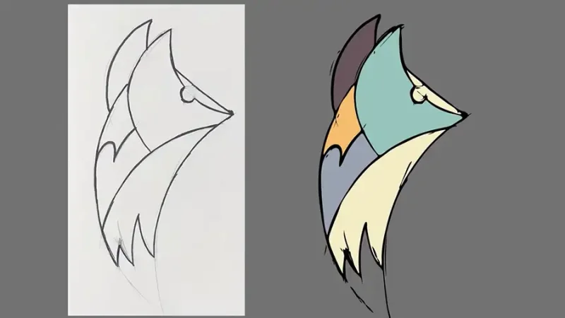 Pencil sketch of fox next to colorful vector image of fox