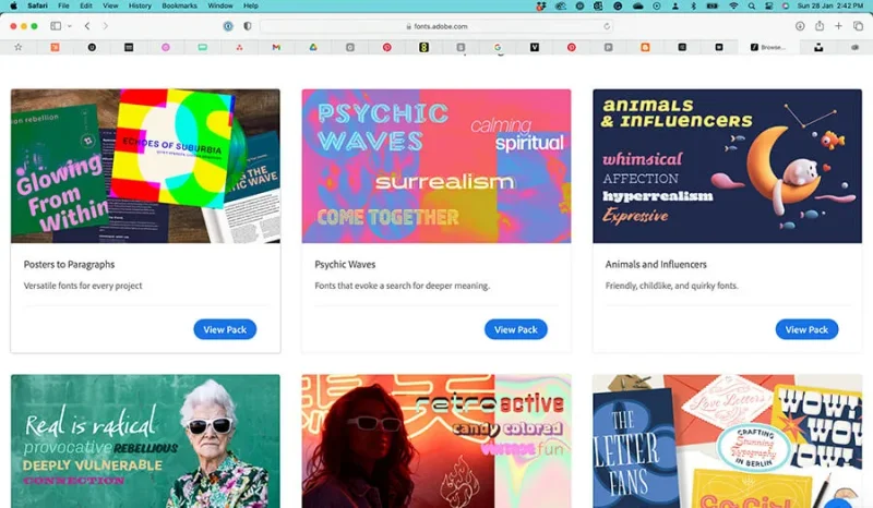 screenshot from fonts.adobe.com showing a range of fonts available as packs