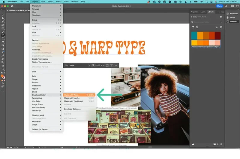 Screenshot showing where to find the ‘Make with Warp’ function in Adobe Illustrator.