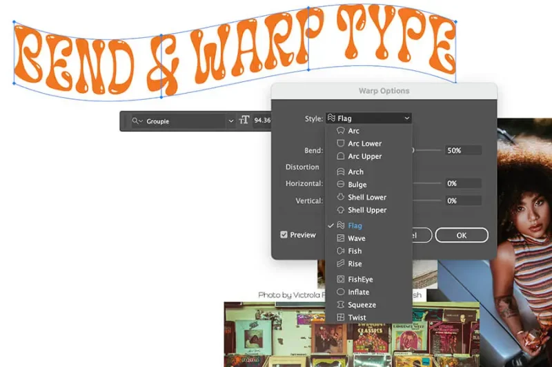 Screenshot showing the Warp Options for bending your text in Adobe Illustrator.