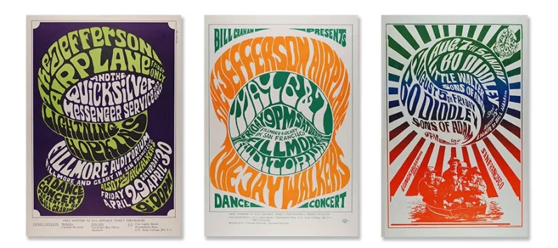 Three examples of 1960s and 1970s warped text posters.