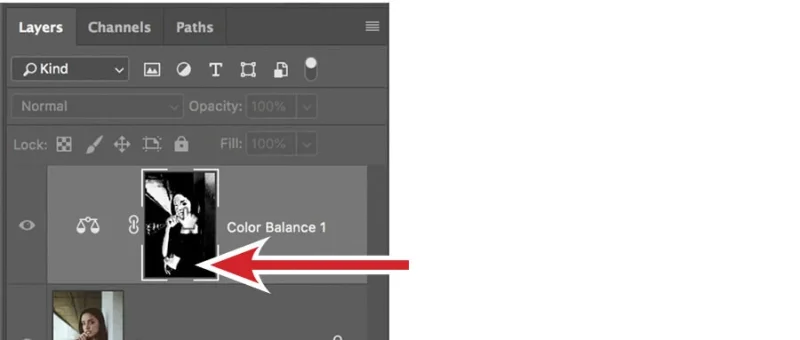 You’ll see the mask on the Color Balance layer in the Layers Panel – hold down Option (Mac) or Alt (PC) and click on the mask icon.