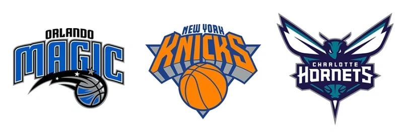 Orlando Magic, New York Knicks, Charlotte Hornets NBA logos. Shown as contemporary examples of warped text.