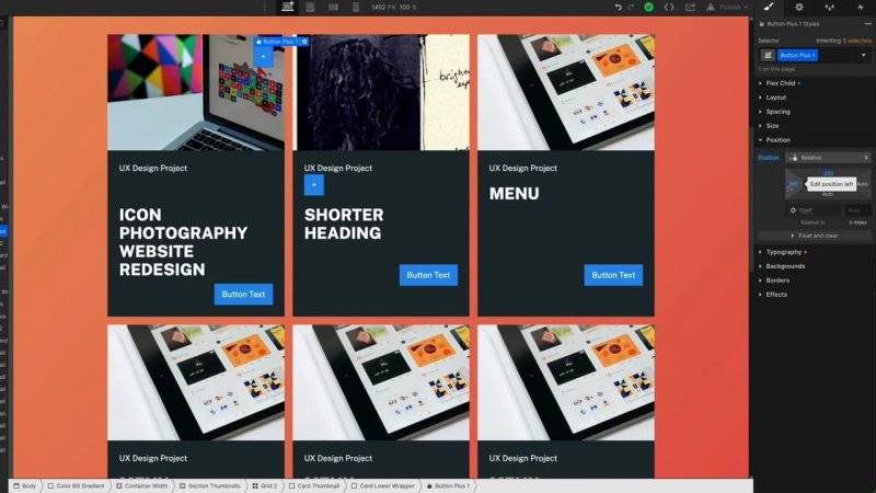 Webflow Designer interface showing a grid of portfolio card components on an orange background, with an active blue plus button set to Relative position and manual pixel coordinate offsets displayed in the right-hand Style panel.