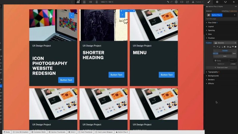 Webflow Designer canvas showing an element named 