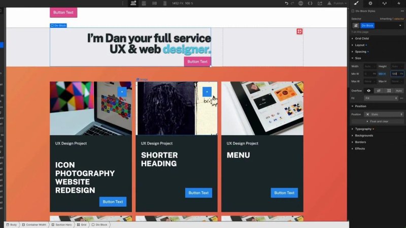 Webflow workspace displaying a hero headline block reading 