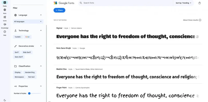 A screenshot of Font Filtering from fonts.google.com