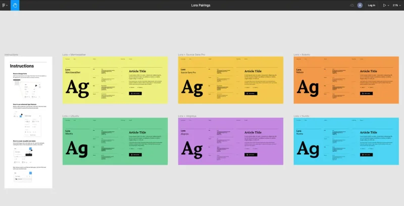 Font pairings previewed in separate Figma frames.
