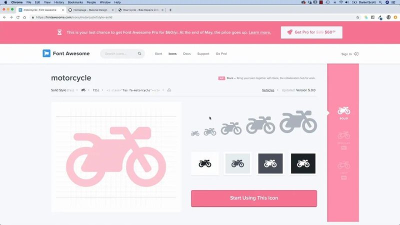 The Font Awesome website in Google Chrome displaying the motorcycle icon page, showing the HTML embed snippet, light pink preview silhouette, and various size options.
