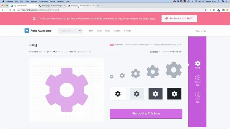 A Google Chrome browser window open to Font Awesome showcasing the cog settings icon with embed code, style weight selectors, and multiple sizing previews.
