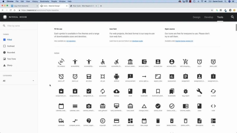 The Google Material Design icons catalog web interface displaying a searchable grid of black system icons categorized by theme, including Filled, Outlined, and Rounded.
