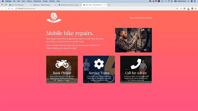 A coral-colored website layout for Roar Bikes mobile repairs, showcasing a hero section and three card callouts topped with bicycle, gear, and telephone icons.