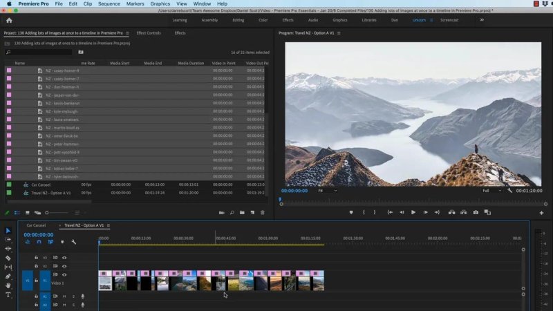 Premiere Pro workspace showing multiple image files selected in List view within the Project panel and arranged sequentially across the timeline.