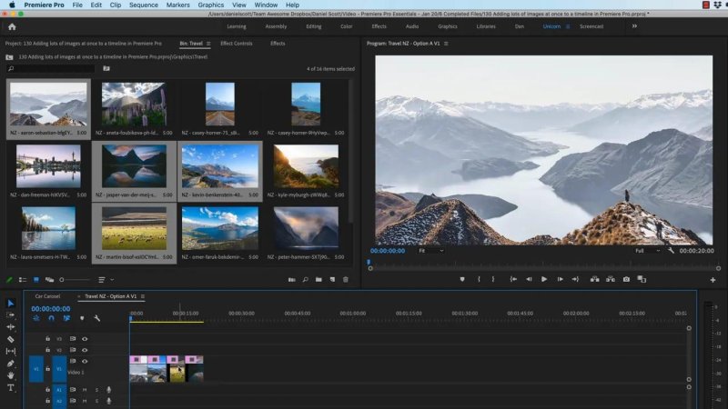 Premiere Pro Project panel displaying imported media assets in Icon view with thumbnail previews beside the sequence timeline.