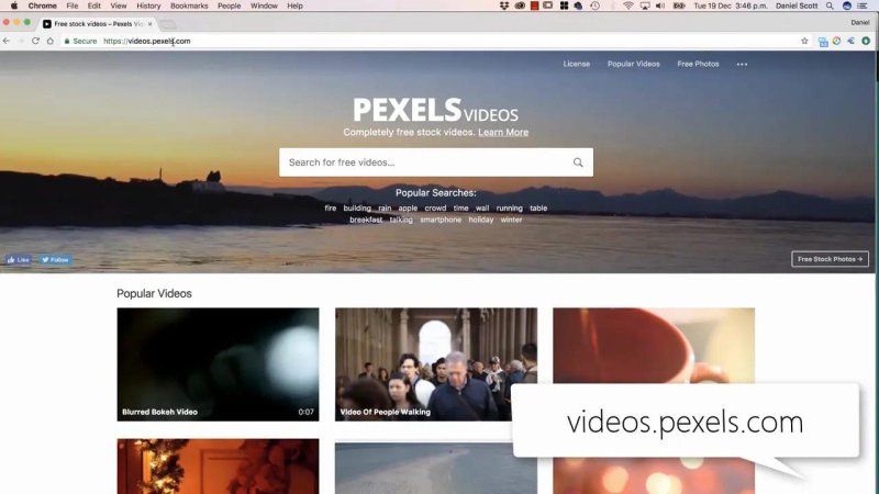 Web browser displaying the Pexels Videos homepage for sourcing free stock video content.