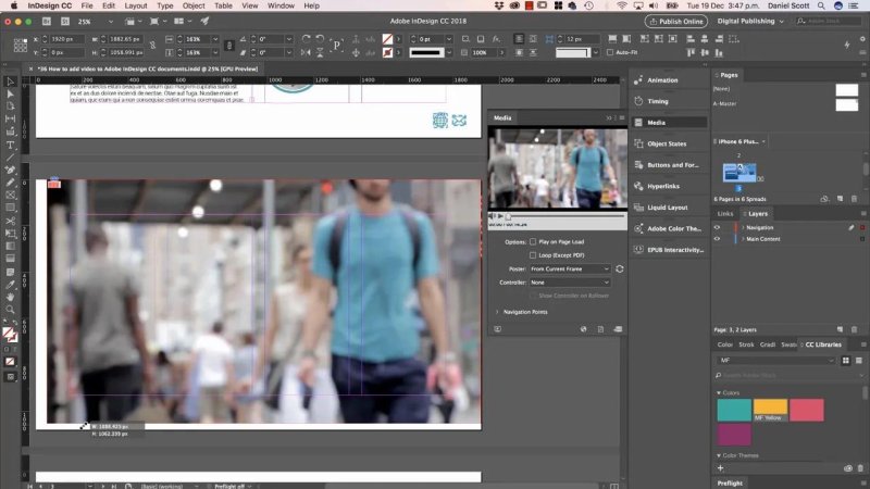 Adobe InDesign document layout showing an imported MP4 video frame and the Media panel options.