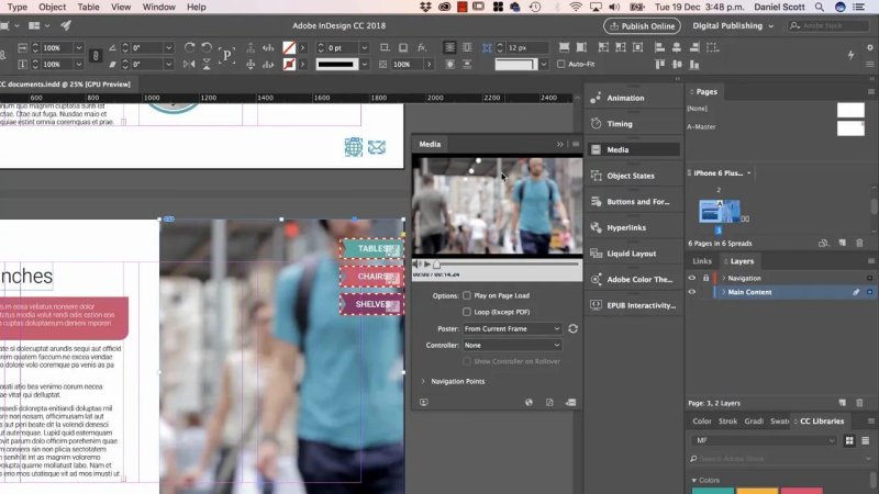 Adobe InDesign layout showing text wraps and interactive elements placed alongside an embedded video frame.