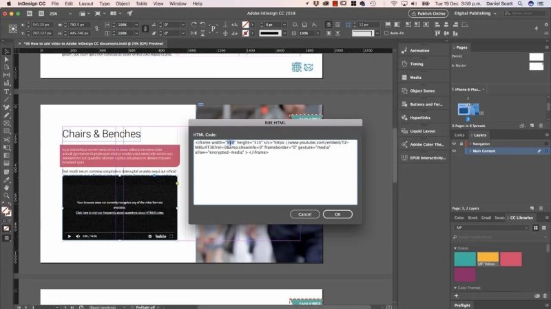 Adobe InDesign Edit HTML dialog window containing a YouTube iframe code snippet pasted over a document layout.