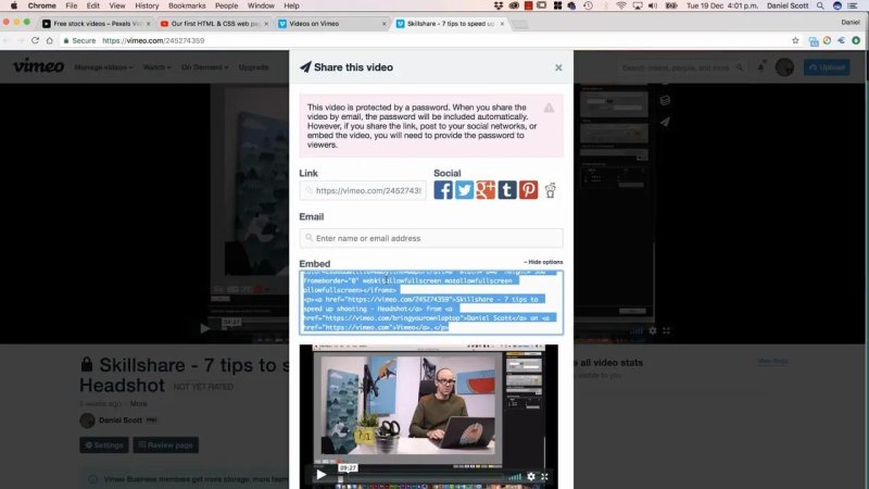 Vimeo video share modal displaying highlighted HTML embed code ready for copying.