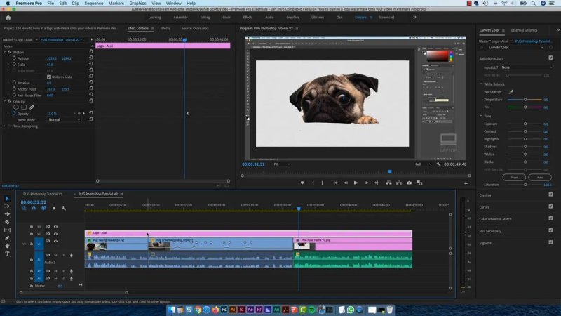 Premiere Pro Effect Controls panel adjusting opacity down to 13.0% for the vector watermark layer across the timeline.