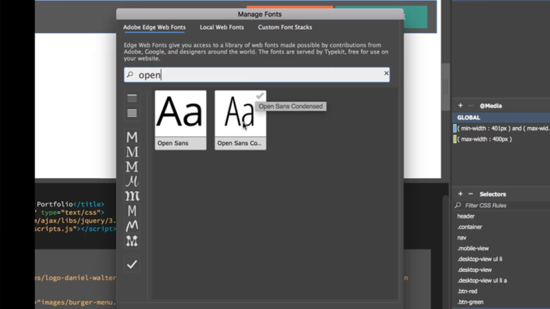 Dreamweaver Manage Fonts modal window showing search results for 