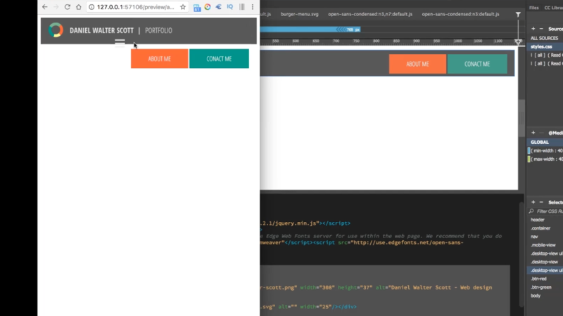 Split-screen display showing a Chrome browser window rendering a mobile view of a portfolio website header labeled 