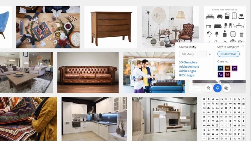 Adobe Stock website displaying furniture and interior stock photos with an overlay menu showing options to save assets to CC Libraries or download locally.