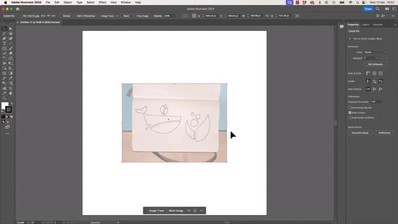 Adobe Illustrator 2024 artboard containing a placed pencil sketch of a whale and geometric organic shapes, ready to be used as a template for vector tracing.