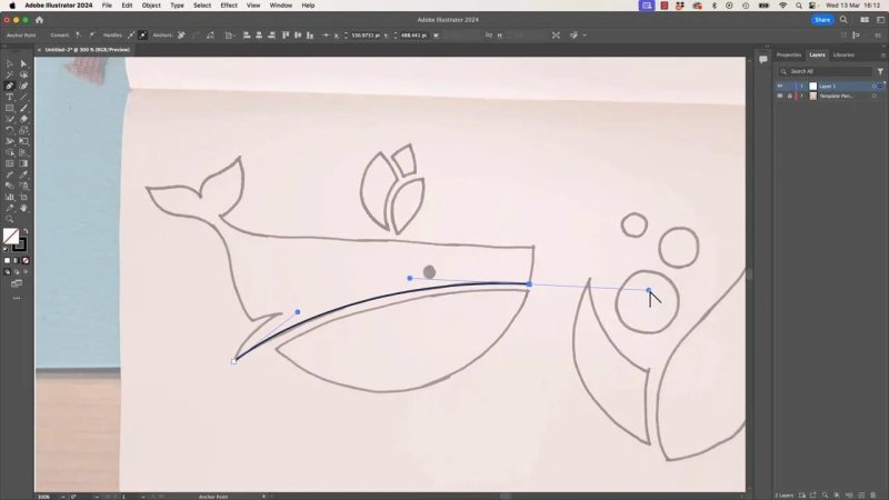 A close-up of the Pen Tool workflow in Adobe Illustrator as a path is extended across a sketch, demonstrating directional control handles defining a smooth vector line.