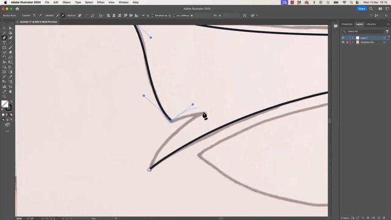 An explicit zoom view in Adobe Illustrator showing the Pen Tool breaking an anchor point's handle configuration to create a sharp corner transition on a vector fin illustration.
