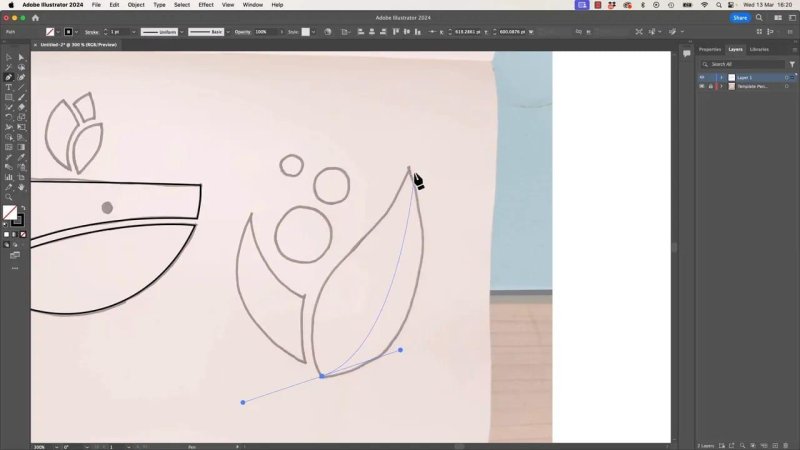 Adobe Illustrator interface showing the Pen Tool drawing a precise vector curve along an organic leaf sketch line, emphasizing clean anchor point spacing.