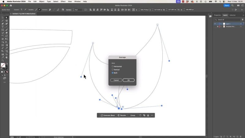 Adobe Illustrator workspace in Outline mode with the Average dialog box open, showing both horizontal and vertical axes selected to perfectly snap overlapping anchor points together.