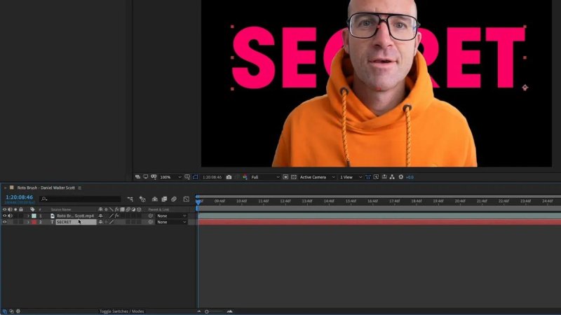 After Effects timeline displaying Daniel Walter Scott keyed in front of bold pink typography reading 