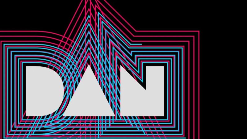 Blocky light grey letters spelling DAN surrounded by radiating, nested geometric contour lines in bright pink and cyan over a black background.