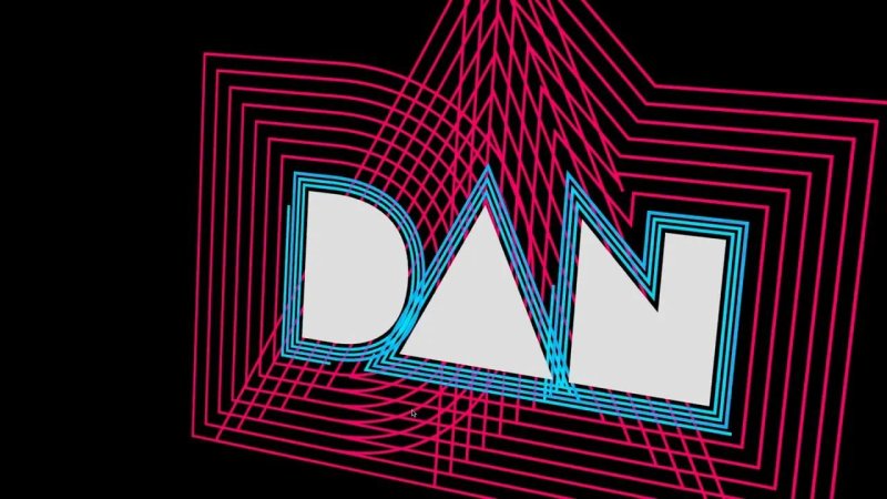 The bold white text DAN angled in 3D space against a black backdrop, framed by tilted concentric wireframe outlines receding in vibrant pink and blue.