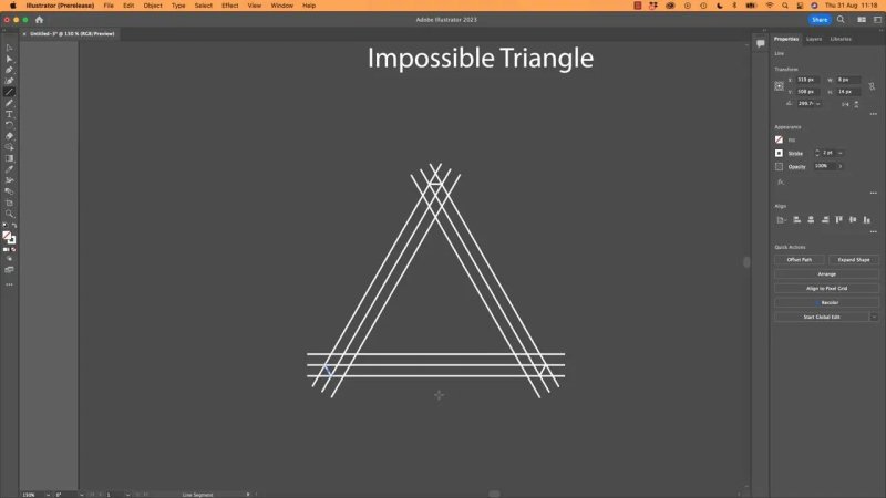Adobe Illustrator canvas showing three sets of parallel stroked lines rotated and intersected into the framework of a Penrose 