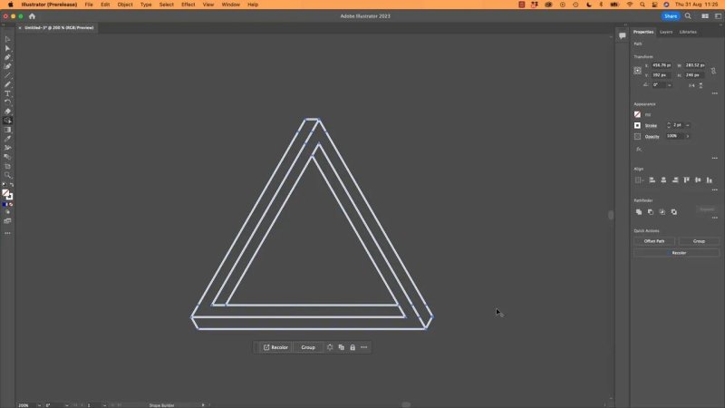 Adobe Illustrator workspace showing the completed continuous outline of the isometric Impossible Triangle after cleaning up excess paths with the Shape Builder tool.