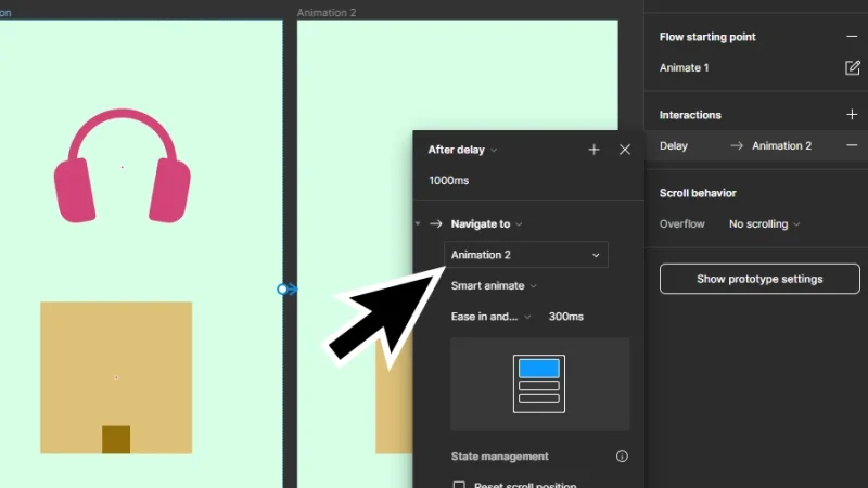 selecting destination from the interactions menu in figma