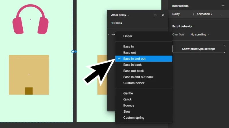 ease in and out option highlighted on the interactions panel in figma