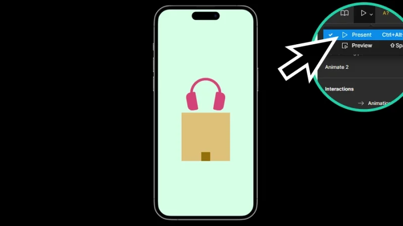 previewing animation of headphone set dropping into a box in figma