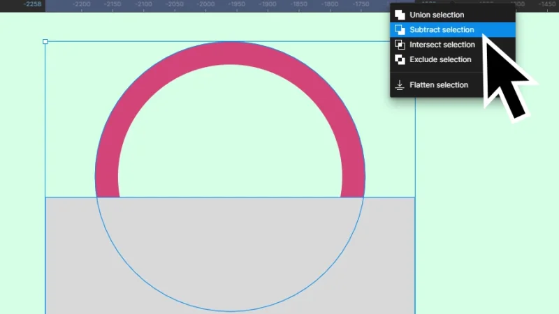 overlapping rectangle and ellipse for subtract selection in figma