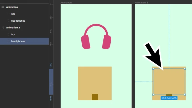 creating an animation of a headphone set dropping into a box in figma