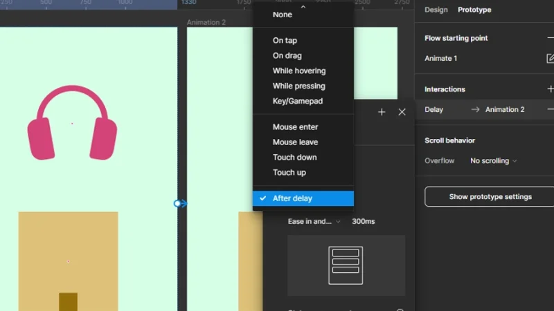 creating an animation of a headphone set dropping into a box in figma