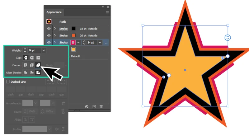 changing corner style attribute in the Appearance panel in illustrator