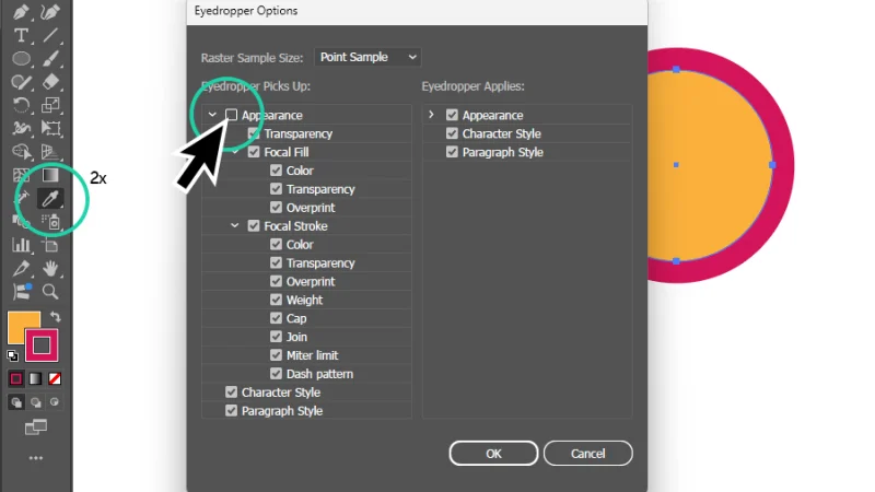 setting up eyedropper pick up options in illustrator