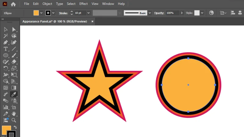 duplicated appearance attributes visible on star and ellipse shapes in illustrator