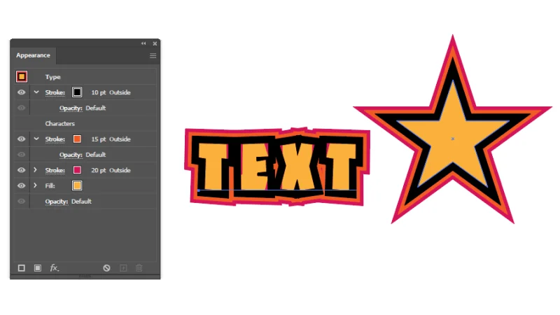 text attributes displayed in the appearance panel in illustrator