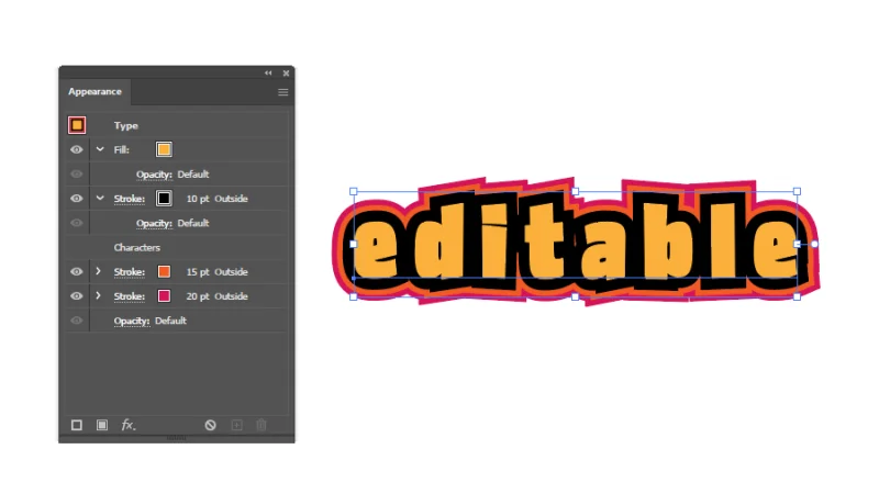 editable text object transformed using the appearance panel in illustrator